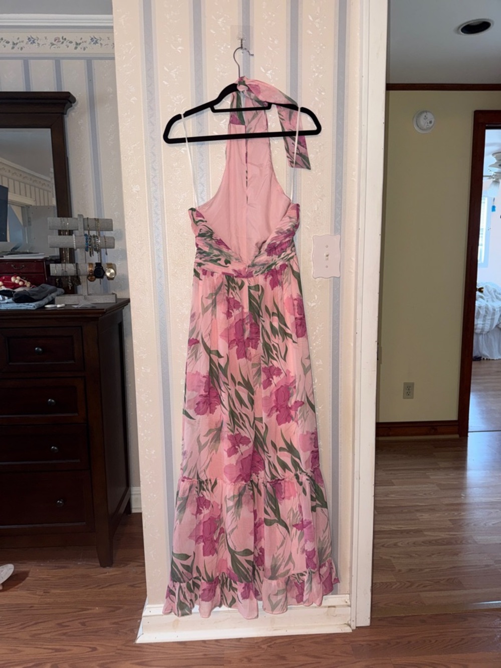 Petal & Pup Pink Floral One-Shoulder Maxi Dress with Green Leaf Detail - Picture 8 of 11